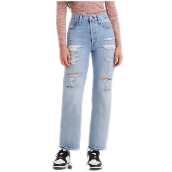 Levi's Ribcage Straight Ankle Light Blue Distressed Jeans - Picture 1 of 6